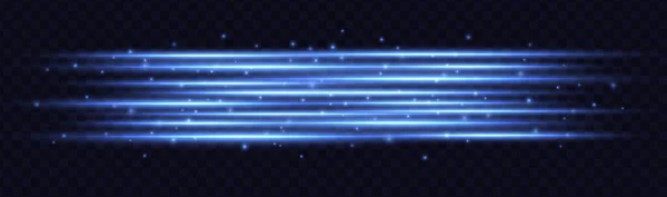 Blauwe lichtsnelheidsstrepen geïsoleerd op transparante achtergrond. Horizontale lensfakkels. — Stockvector
