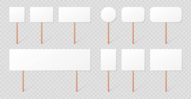 Boş gösteri afişleri koleksiyonu. Tahta çubuklardaki protesto işaretleri. Tahta tutacaklı yan pankart modelleri..