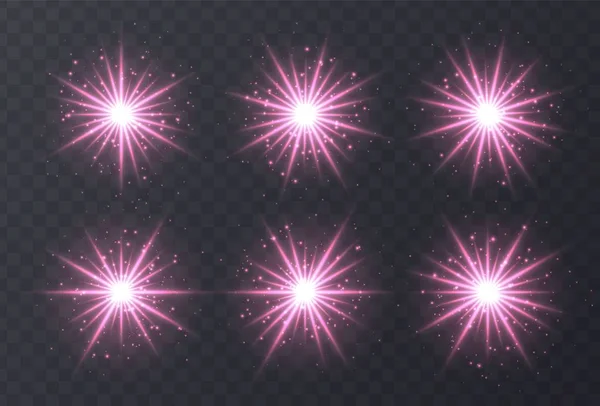 Bengalas de luz fijadas aisladas sobre fondo transparente. Lente rosa bengalas, bokeh, destellos, brillante colección de estrellas . — Archivo Imágenes Vectoriales