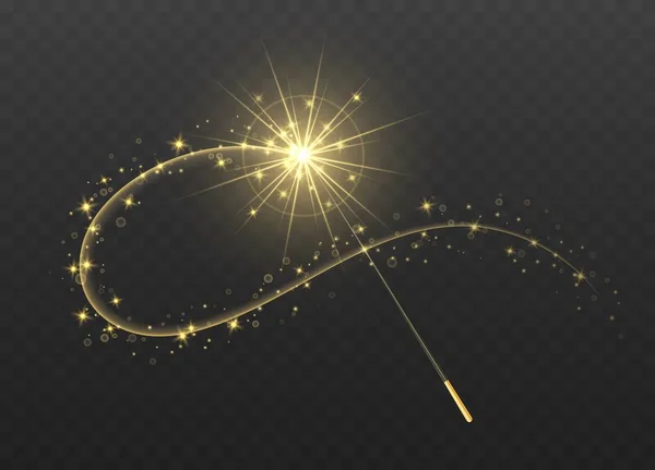 Magic wand with golden swirl and sparkles isolated on transparent background. — Stock Vector