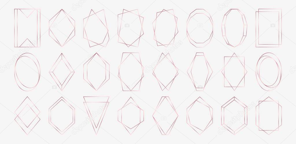 Rose gold polygonal frames collection isolated on light grey background. Vector illustration in art deco style - perfect decision for wedding invitations, birthday cards, luxury posters etc.