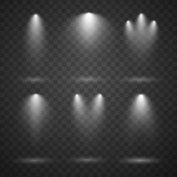 Weiße Scheinwerfer gesetzt, helles Licht, Bühnenbeleuchtung isoliert auf transparentem Hintergrund. — Stockvektor