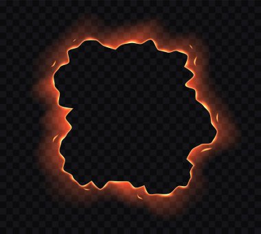 Yanan kağıt deliği, kenar, çerçeve, şeffaf arkaplanda izole edilmiş ateş kıvılcımları.
