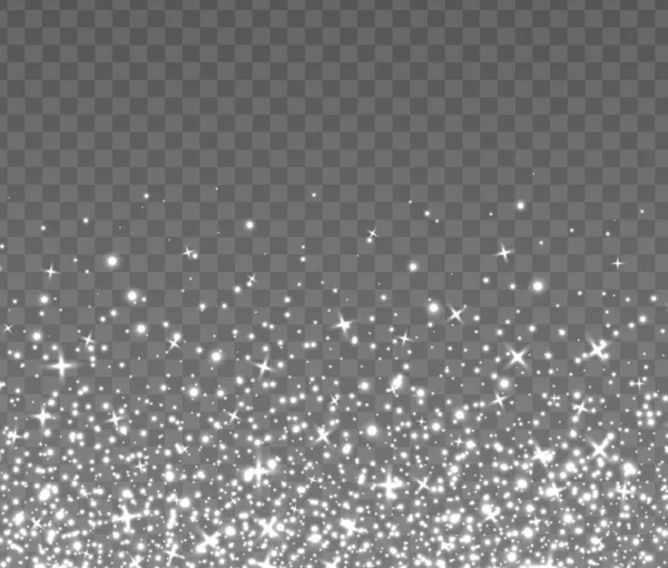 Πετώντας ασημένια λάμψη, αφηρημένα φωτεινά σωματίδια, λευκή αστρόσκονη. Χριστουγεννιάτικες ματιές και σπινθήρες. Πολυτελές φόντο. — Διανυσματικό Αρχείο