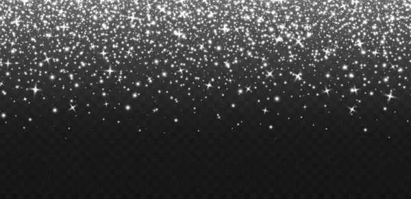 Ασημένια λάμψη που πέφτει, αφηρημένα φωτεινά σωματίδια, λευκή αστρόσκονη. Ιπτάμενα Χριστούγεννα λάμπουν και σπινθήρες. Πολυτελές φόντο. — Διανυσματικό Αρχείο