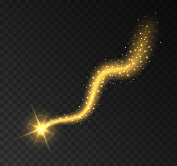 Χρυσό ίχνος φωτός αστερόσκονη με λαμπερό αστέρι που απομονώνεται σε διαφανές φόντο. Κομήτης με λαμπερά μαγικά σωματίδια. — Διανυσματικό Αρχείο