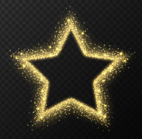 Quadro de estrela dourada com faíscas e erupções, partículas luminosas abstratas, efeito de luz de poeira estelar amarela —  Vetores de Stock
