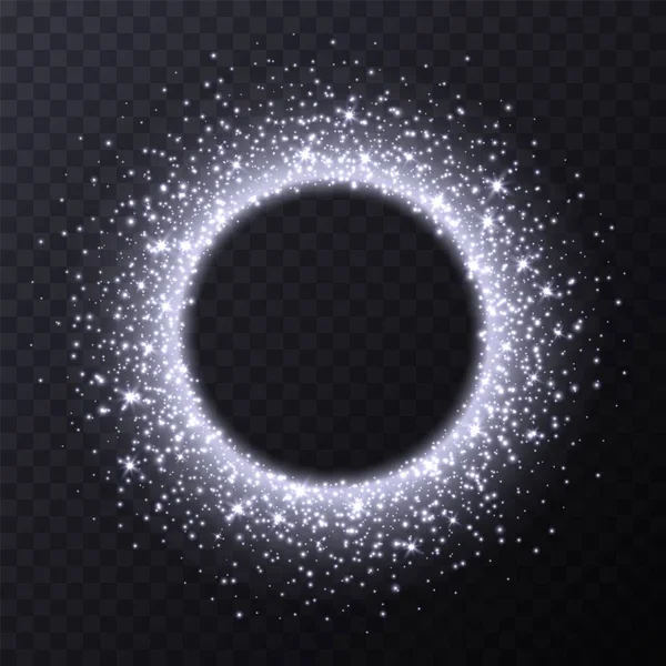 Cornice cerchio argento con brillantini e brillamenti, particelle luminose astratte, effetto luce polvere di stelle bianche . — Vettoriale Stock