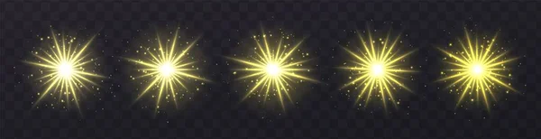 Bengalas de luz fijadas aisladas sobre fondo transparente. Lente amarilla destellos, bokeh, destellos, estrellas brillantes colección . — Vector de stock