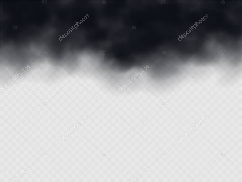 Black smoke cloud, stormy weather. Air pollution concept. Black cloudiness or smog. Realistic thick dark cloud effect.