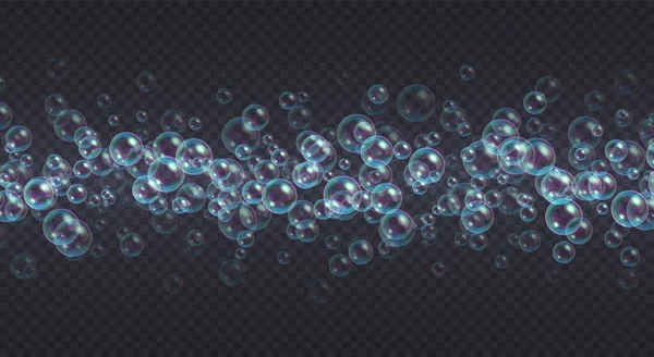 Una raya de pompas de jabón. Champú flotante abstracto, composición de la línea de espuma de baño. Suds realistas . — Vector de stock