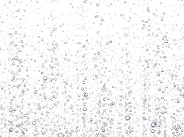 Su altında köpüren kabarcıklar, soda ya da şampanya karbonatlı içecek, beyaz arka planda izole edilmiş maden suyu..