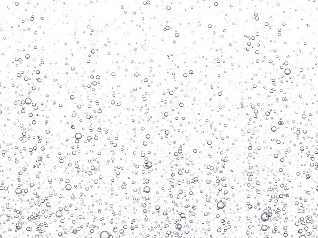 Underwater fizzing bubbles, soda or champagne carbonated drink, sparkling water isolated on white background.