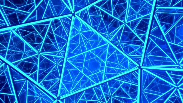 Kaleidoscopic geometric structure made of glass triangle cells and illuminated with bright blue light — Stock Video