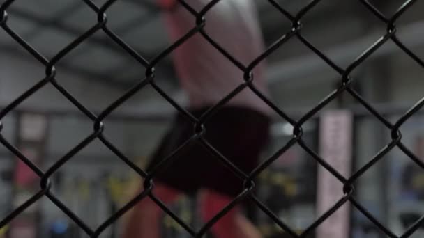 Blurred fighter training punches during workout behind net fence on professional boxing ring — 비디오