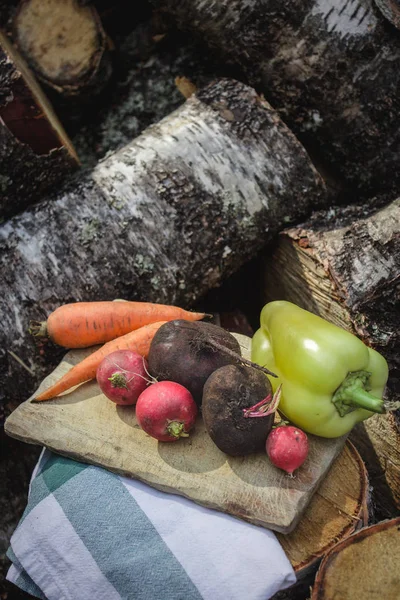 Still Life Fresh Raw Vegetables Wooden Stumps Woodland — Free Stock Photo