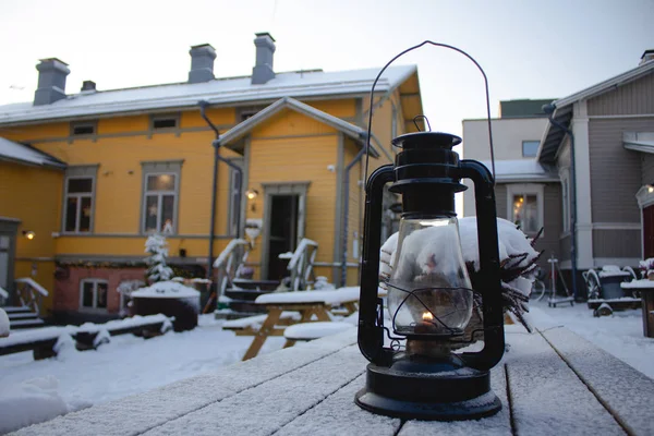 Old Snow Covered Lantern Wooden Table — ストック写真