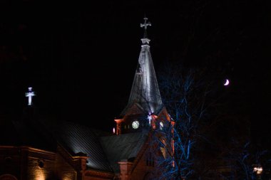 Buildings at night with lights