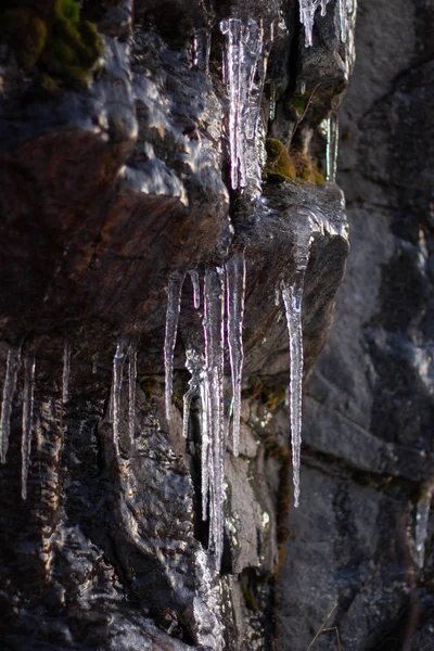 Icicles hanging in dark cave