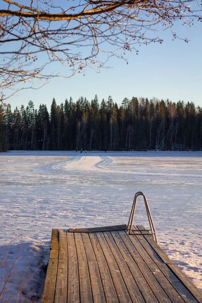 冻湖上的农村木制码头 — 图库照片