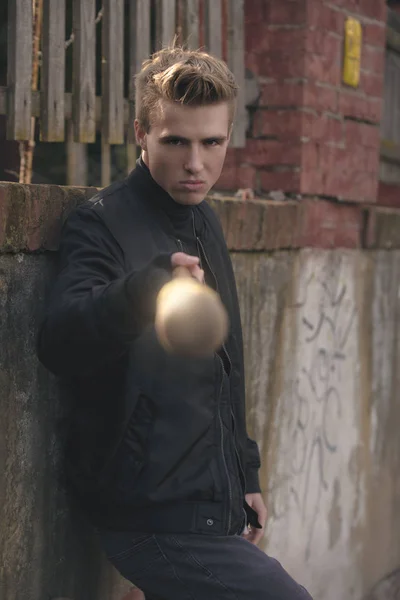 Aggressive blond haired hooligan threatening — Stock Photo, Image