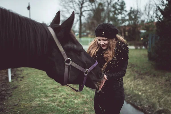 Gyönyörű szőke lány eszik-ból egy kéz a nagy barna faji-ló — Stock Fotó