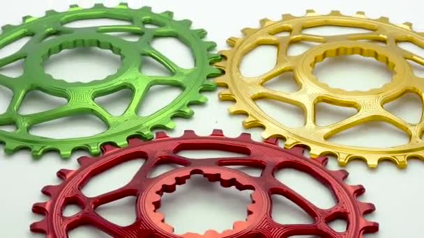 Colorful Black Oval Bicycle Chainring Gear Rotating White Background — Stock Video