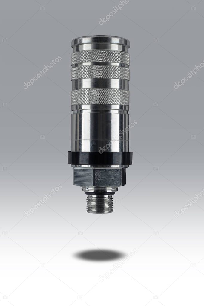 Euro standard Hydraulic quick coupler best for quick connect fitting coupling. Made of stainless steel for join hose oil, water and air. Isolated on gray background with shadow. 