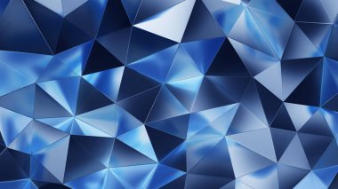 Mavi kristal yüzeyin soyut 3D görüntüsü. Çizgileri ve düşük polyester üçgen şekli olan fütüristik bir arka plan. Yüksek çözünürlüklü 8k.