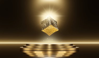 Altın dairelerin üstündeki havada asılı duran üç boyutlu soyut altın küp. Yüksek çözünürlüklü 8K duvar kağıdı.