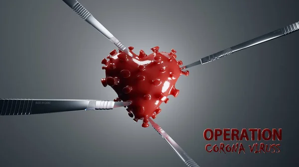 Chinese Operation Corona Virus. Heart shaped corona virus its operated by virologists in Wuhan Institute of Virology. Four scalpels cut the virus cell. This secret operation is performed on the open heart of the city.