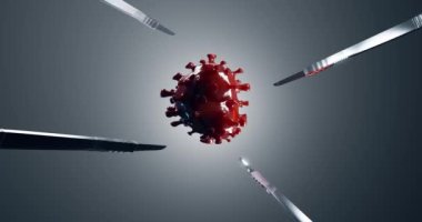 Operation on the Heart shaped corona virus. Virologist are mutating the virus In laboratory in Wuhan Institute of Virology. Four scalpels cut the virus cell.  3D rendering.