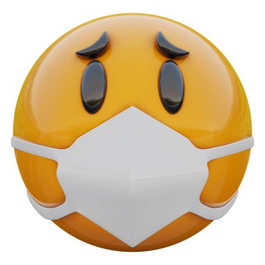 Tıbbi maskeli üzgün sarı emoji suratı Coronavirüs 2019-nCoV, MERS-nCoV, sararlar, kuş gribi ve diğer virüsler, mikroplar ve bakteriler ve bulaşıcı hastalıklardan koruyor..