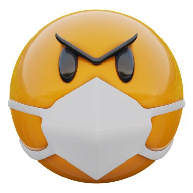 Tıbbi maskeli çok kızgın sarı emoji suratı Coronavirüs 2019-nCoV, MERS-nCoV, sararlar, kuş gribi ve diğer virüsler, mikroplar ve bakteriler ve bulaşıcı hastalıklardan koruyor..