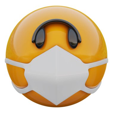 Koronavirüs 2019-nCoV, MERS-nCoV, sararlar, kuş gribi ve diğer virüsler, mikroplar ve bakteriler ve bulaşıcı hastalıklardan korunan tıbbi maskeli istifalı sarı emoji suratı..