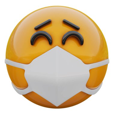 3D mutlu ve mutlu sarı yüz ifadeli tıbbi maske ile Coronavirüs 2019-nCoV, MERS-nCoV, sararlar, kuş gribi ve diğer virüsler, mikroplar ve bakteriler ve bulaşıcı hastalıklardan korunuyor..