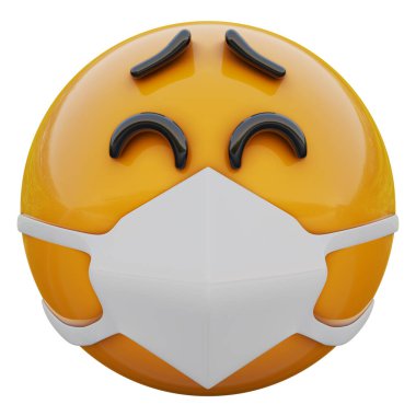 3D mutlu ve mutlu sarı yüz ifadeli tıbbi maske ile Coronavirüs 2019-nCoV, MERS-nCoV, sararlar, kuş gribi ve diğer virüsler, mikroplar ve bakteriler ve bulaşıcı hastalıklardan korunuyor..