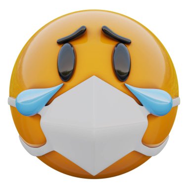 3 boyutlu ağlayan, tıbbi maskeli üzgün, sarı emoji suratı Coronavirüs 2019-nCoV, MERS-nCoV, sararlar, kuş gribi ve diğer virüsler, mikroplar ve bakteriler ve bulaşıcı hastalıklardan koruyor..