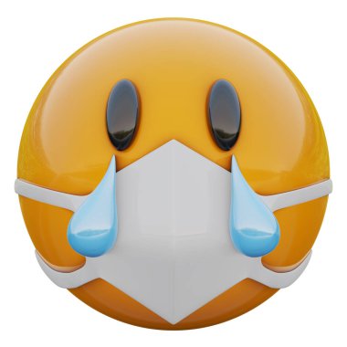 3 boyutlu ağlayan, tıbbi maskeli üzgün, sarı emoji suratı Coronavirüs 2019-nCoV, MERS-nCoV, sararlar, kuş gribi ve diğer virüsler, mikroplar ve bakteriler ve bulaşıcı hastalıklardan koruyor..