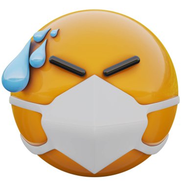 3D stresli ve tıbbi maskeli sarı emoji suratı Coronavirüs 2019-nCoV, MERS-nCoV, sararlar, kuş gribi ve diğer virüsler, mikroplar ve bakteriler ve bulaşıcı hastalıklardan koruyor..