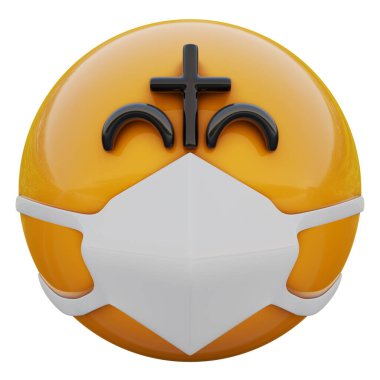 Koronavirüs 2019-nCoV, MERS-nCoV, sararlar, kuş gribi ve diğer virüsler, mikroplar ve bakteriler ve bulaşıcı hastalıklardan koruyan tıbbi maskeli mutlu dindar sarı emoji suratı..