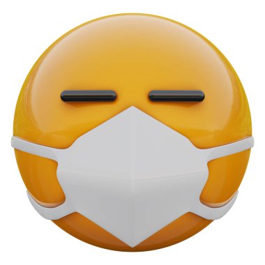 3D utanç verici sarı emoji yüzü tıbbi maskeli Coronavirüs 2019-nCoV, MERS-nCoV, sararlar, kuş gribi ve diğer virüsler, mikroplar ve bakteriler ve bulaşıcı hastalıklardan koruyor..