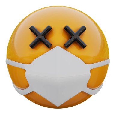 Koronavirüs 2019-nCoV, MERS-nCoV, sararlar, kuş gribi ve diğer virüsler, mikroplar ve bakteriler ve bulaşıcı hastalıklardan koruyan tıbbi maskeli ölü sarı emoji suratı..