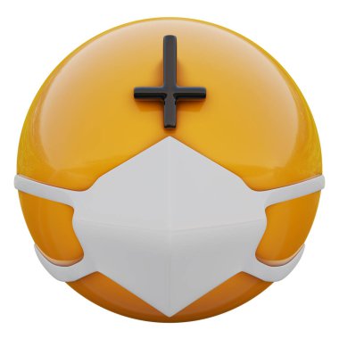 Koronavirüs 2019-nCoV, MERS-nCoV, sararlar, kuş gribi ve diğer virüsler, mikroplar ve bakteriler ve bulaşıcı hastalıklardan korunan tıbbi maskeli İsa karşıtı sarı emojinin 3 boyutlu çizimi.