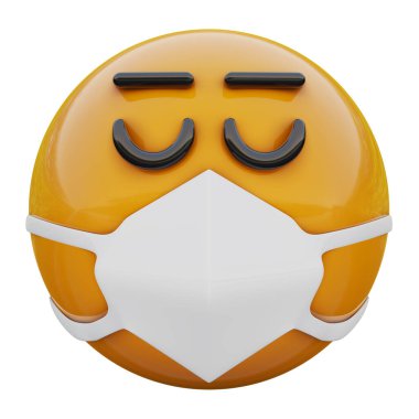 Tıbbî maske takan tıbbî maskedeki üç boyutlu sarı emoji suratı Coronavirus 2019-nCoV, MERS-nCoV, sararlar, kuş gribi ve diğer virüsler, mikroplar ve bakteriler ve bulaşıcı hastalıklardan koruyor..