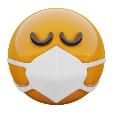 Tıbbî maske takan tıbbî maskedeki üç boyutlu sarı emoji suratı Coronavirus 2019-nCoV, MERS-nCoV, sararlar, kuş gribi ve diğer virüsler, mikroplar ve bakteriler ve bulaşıcı hastalıklardan koruyor..