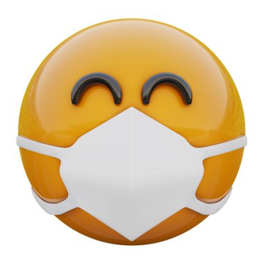 Tıbbi maskeli tatmin olmuş sarı emoji suratı Coronavirüs 2019-nCoV, MERS-nCoV, sararlar, kuş gribi ve diğer virüsler, mikroplar ve bakteriler ve bulaşıcı hastalıklardan koruyor..