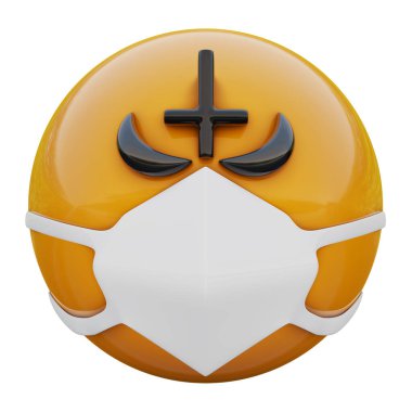 Koronavirüs 2019-nCoV, MERS-nCoV, sararlar, kuş gribi ve diğer virüsler, mikroplar ve bakteriler ve bulaşıcı hastalıklardan koruyan tıbbi maskeli kızgın İsa karşıtı sarı emoji yüzü..