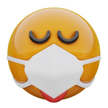 Tıbbî maske takan tıbbî maskedeki üç boyutlu sarı emoji suratı Coronavirus 2019-nCoV, MERS-nCoV, sararlar, kuş gribi ve diğer virüsler, mikroplar ve bakteriler ve bulaşıcı hastalıklardan koruyor..
