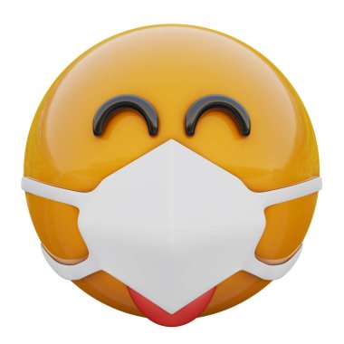 Koronavirüs 2019-nCoV, MERS-nCoV, sars, kuş gribi ve diğer virüsler, mikroplar ve bakteriler ve bulaşıcı hastalıklardan korunan tıbbi maskedeki üç boyutlu arsız ve şakacı sarı ifade..